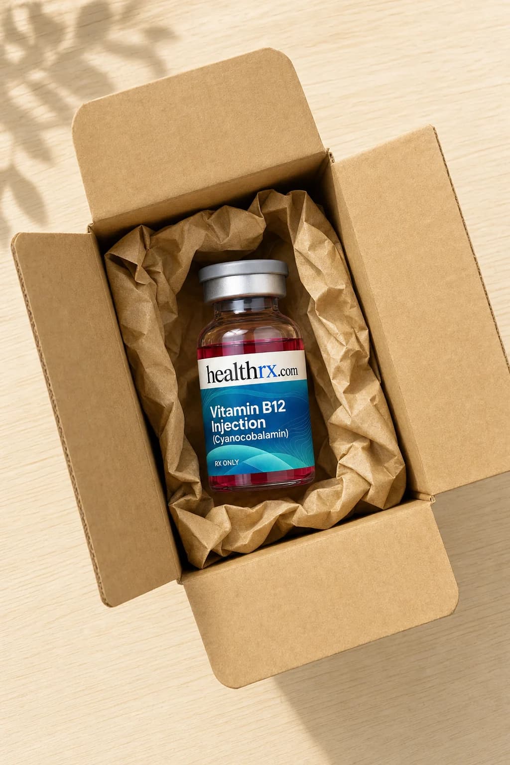 Vitamin B12 Injection (Cyanocobalamin) inside a plain, unmarked shipping box
