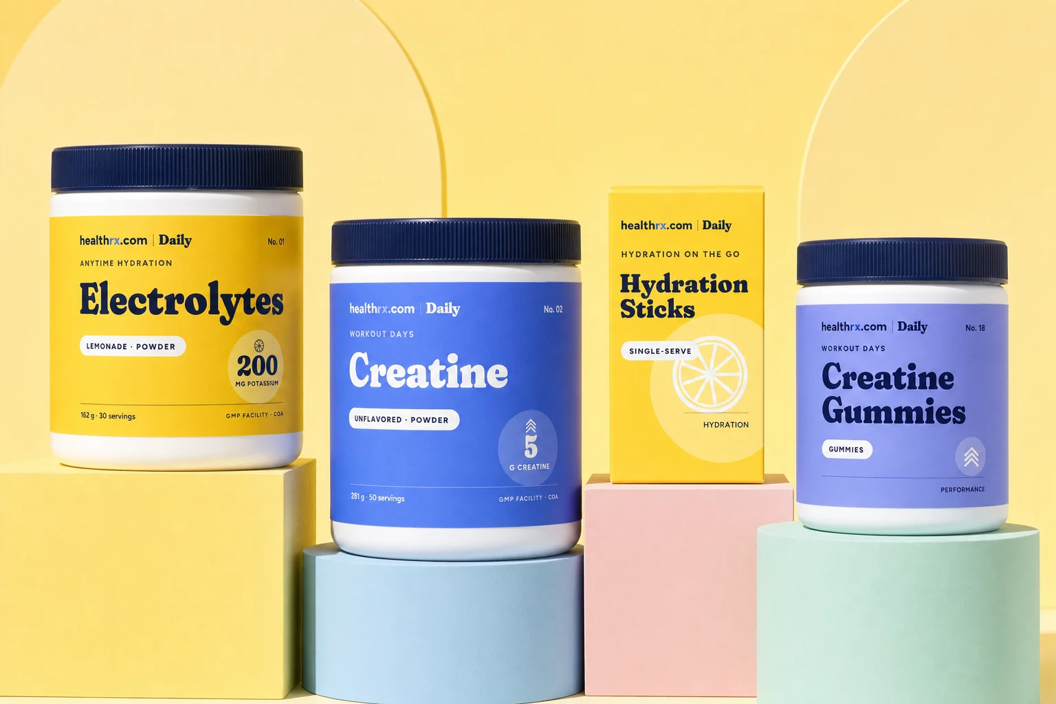 The Hydration and Performance collection by HealthRX.com on colored pedestals