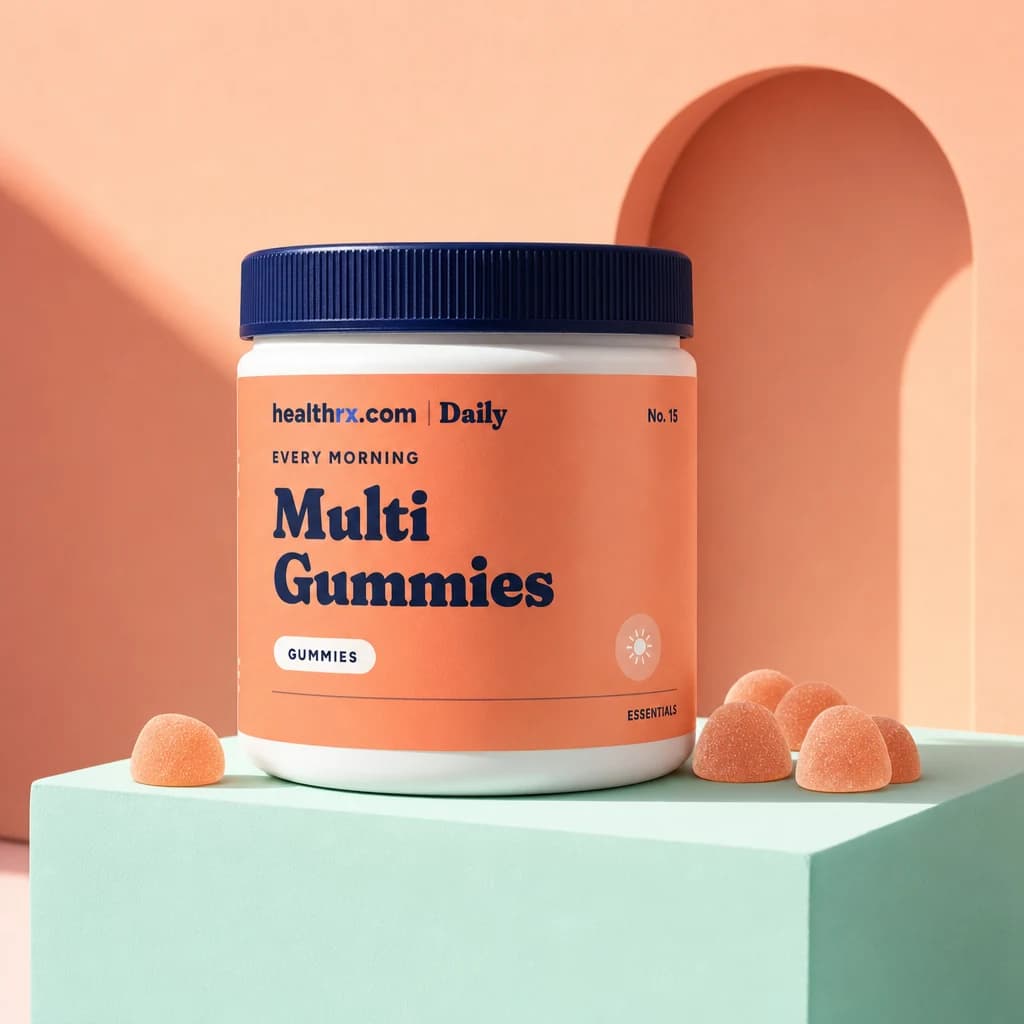 Daily Multivitamin Gummies by HealthRX.com in its gummies packaging concept, on a colored pedestal