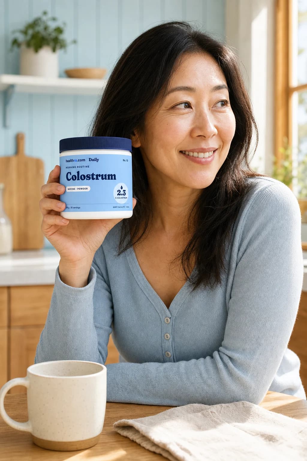 An adult holding Colostrum Powder