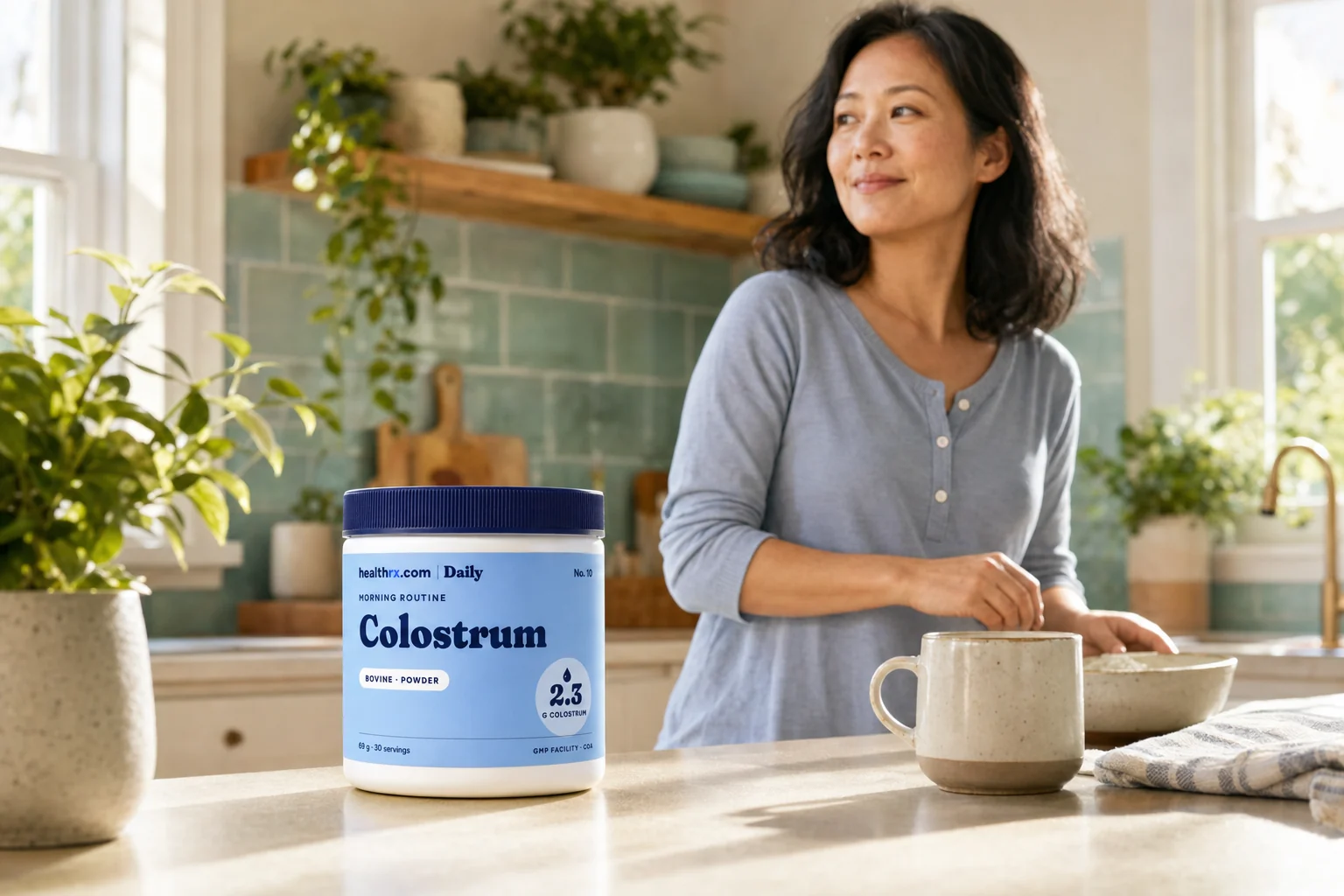 Colostrum Powder in an everyday morning routine setting