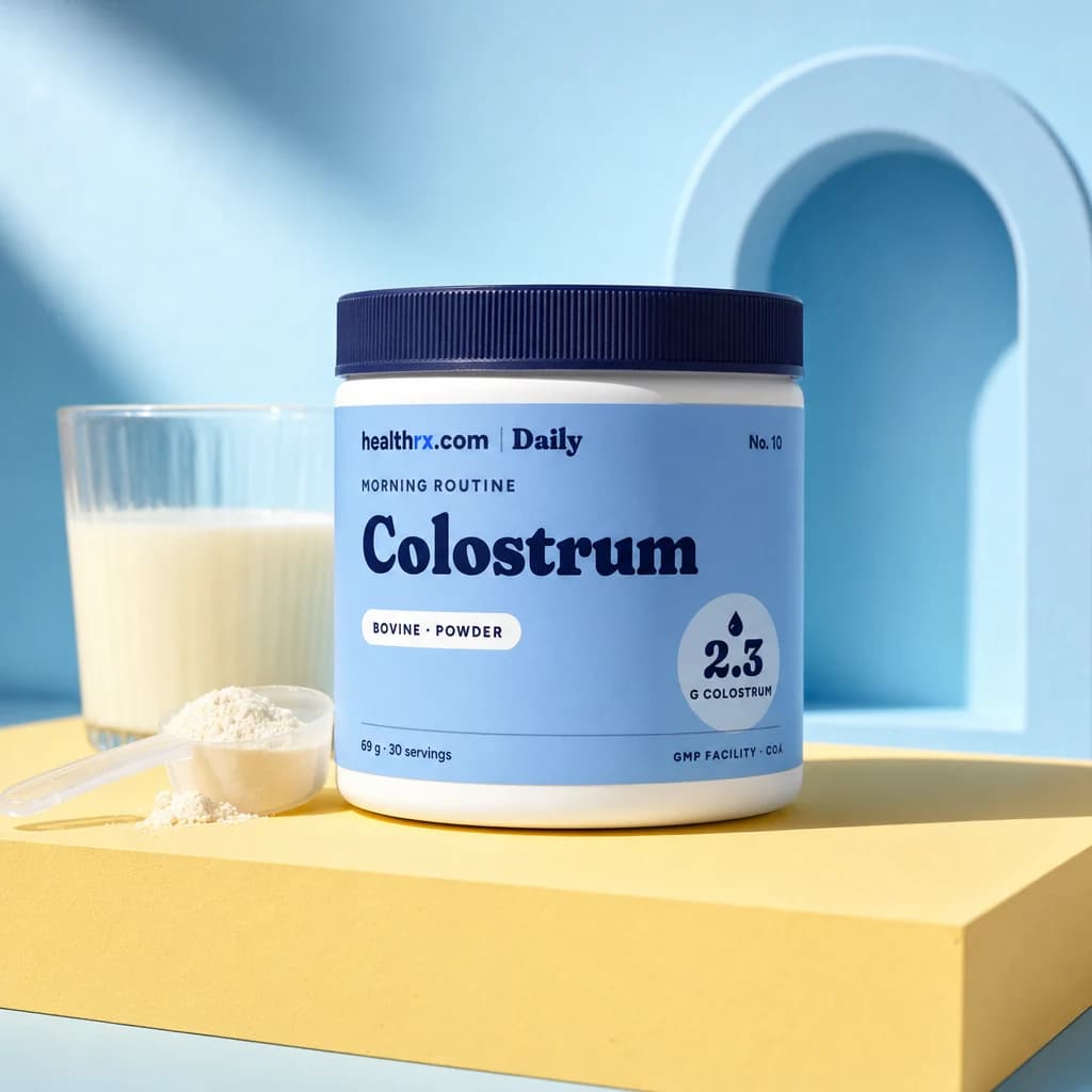 Colostrum Powder by HealthRX.com in its powder packaging concept, on a colored pedestal