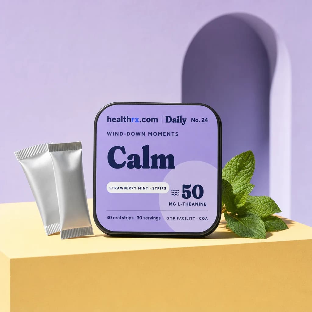 Calm Strips by HealthRX.com in its oral strips packaging concept, on a colored pedestal