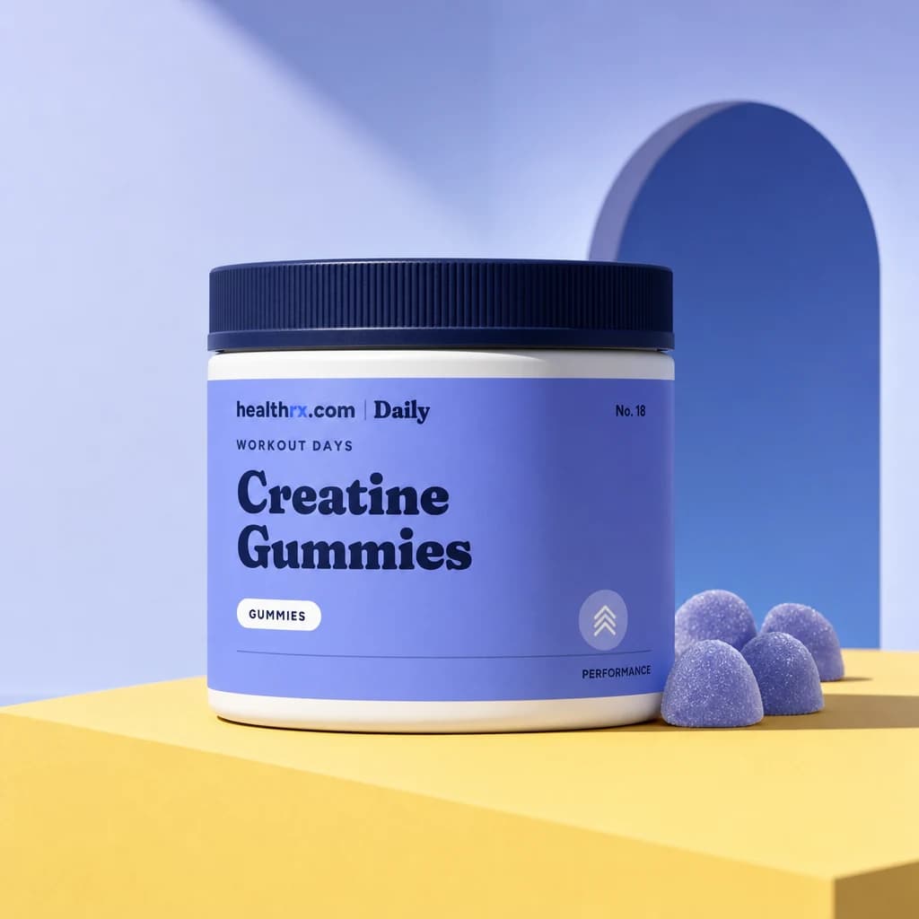 Daily Creatine Gummies by HealthRX.com in its gummies packaging concept, on a colored pedestal