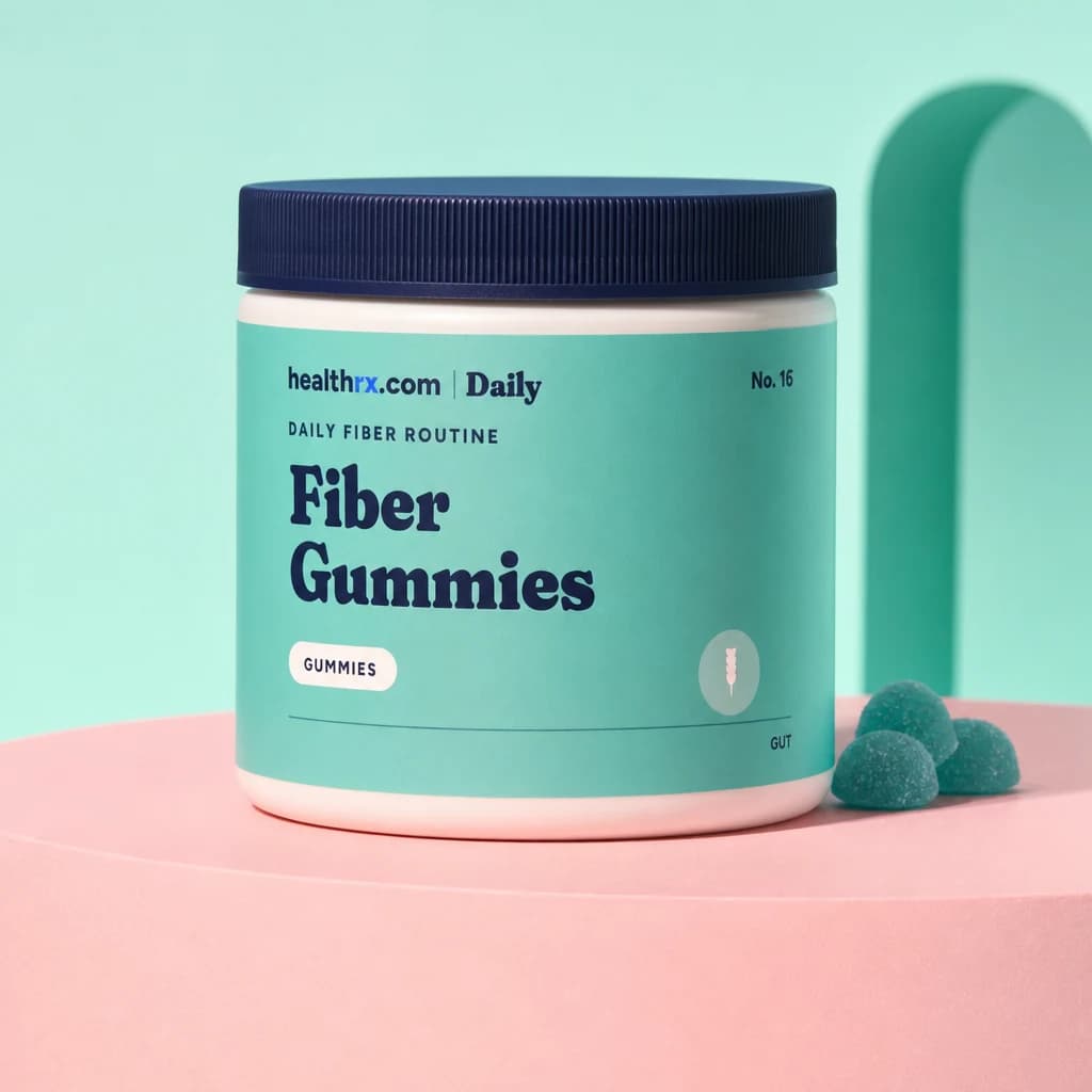 Daily Fiber Gummies by HealthRX.com in its gummies packaging concept, on a colored pedestal