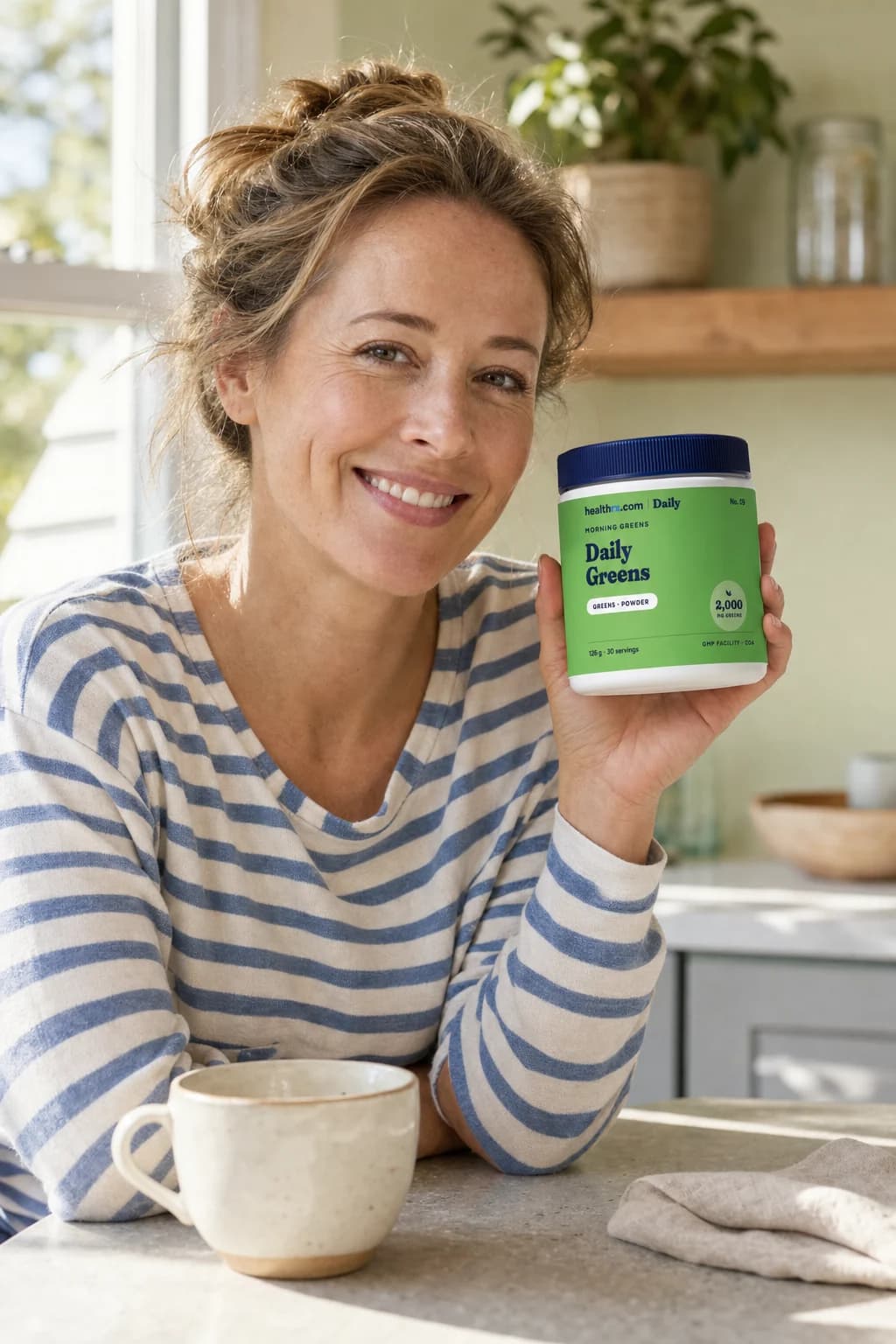 An adult holding Daily Greens