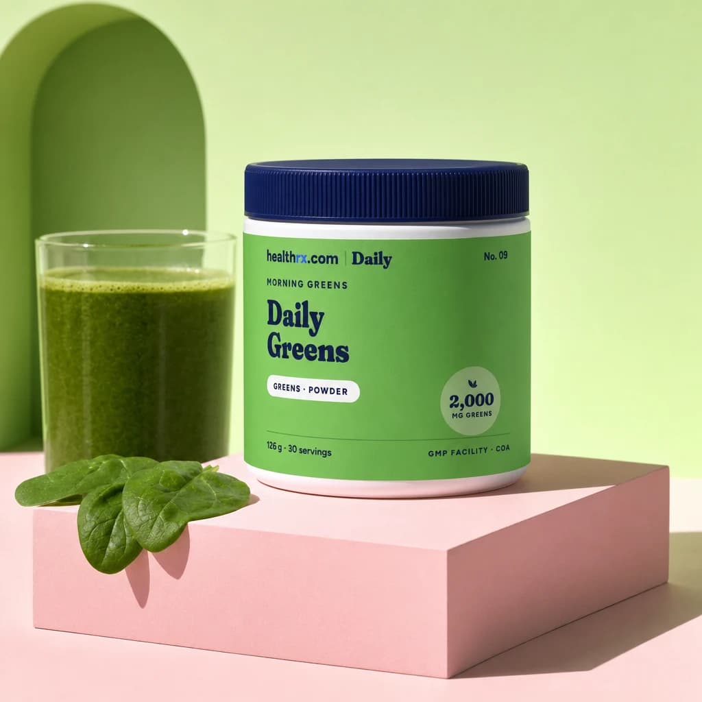 Daily Greens by HealthRX.com in its powder packaging concept, on a colored pedestal