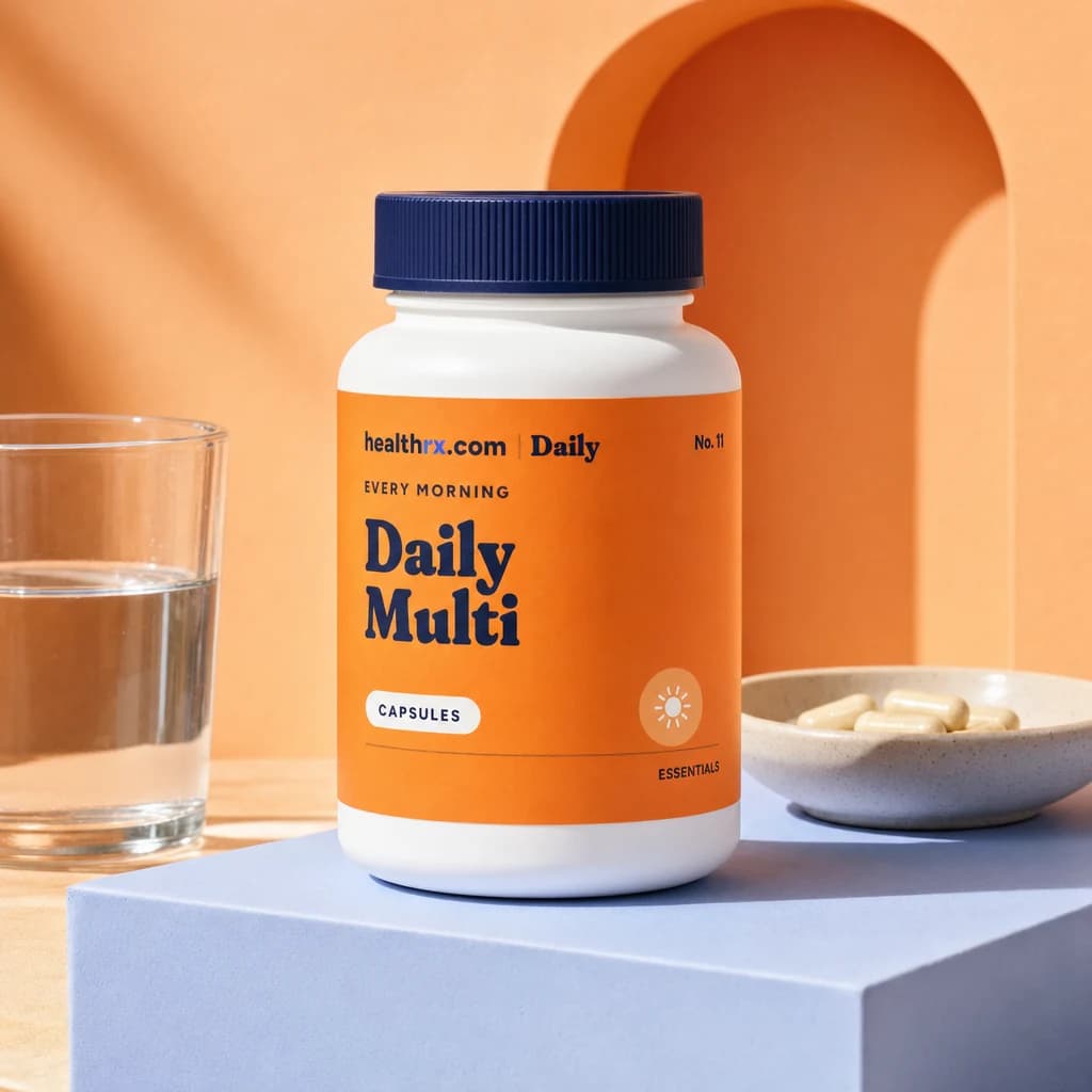 Daily Multivitamin by HealthRX.com in its capsules packaging concept, on a colored pedestal