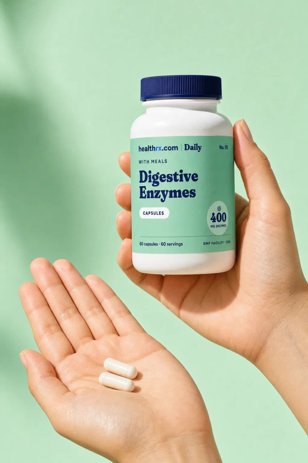 Digestive Enzymes in a hand, showing its size