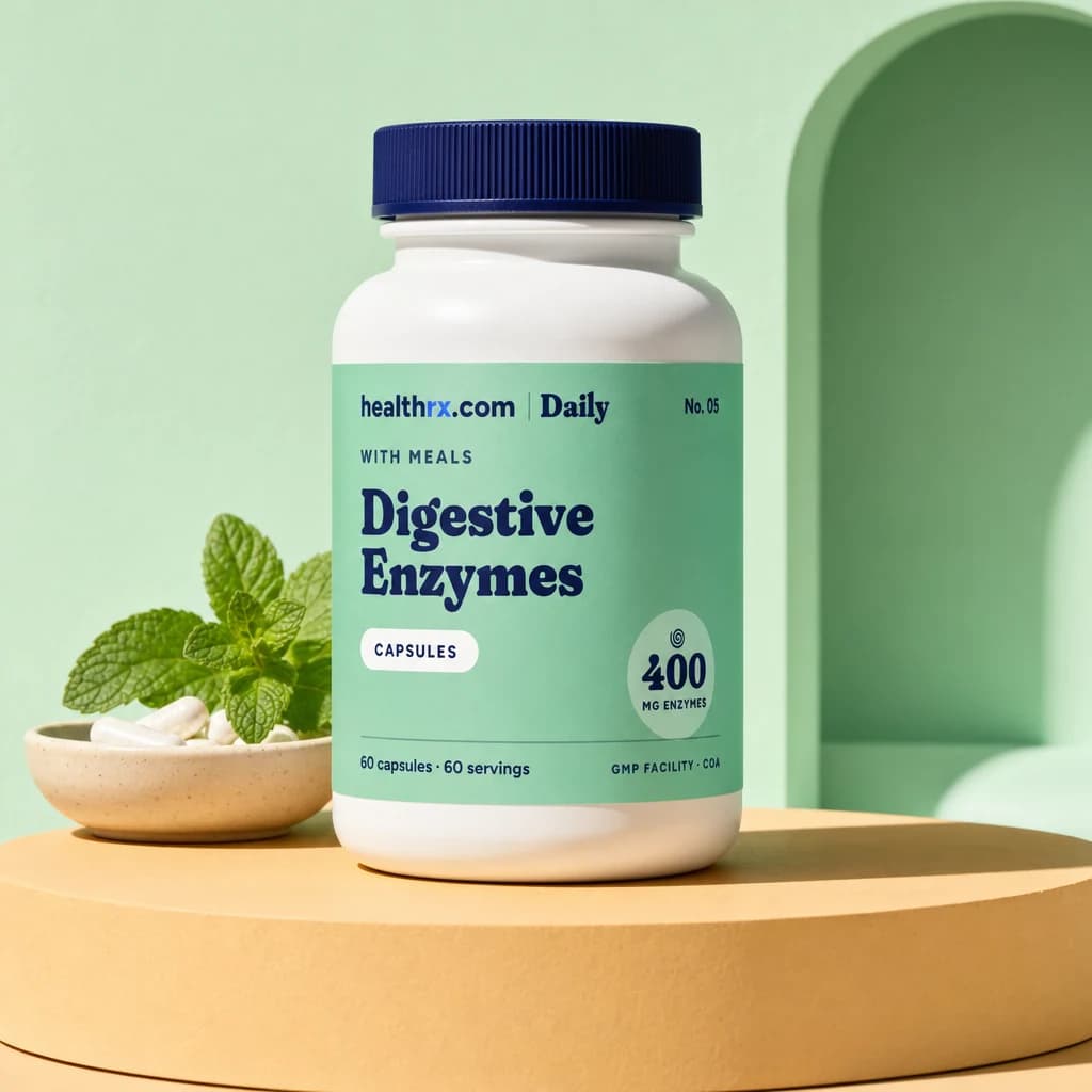 Digestive Enzymes by HealthRX.com in its capsules packaging concept, on a colored pedestal