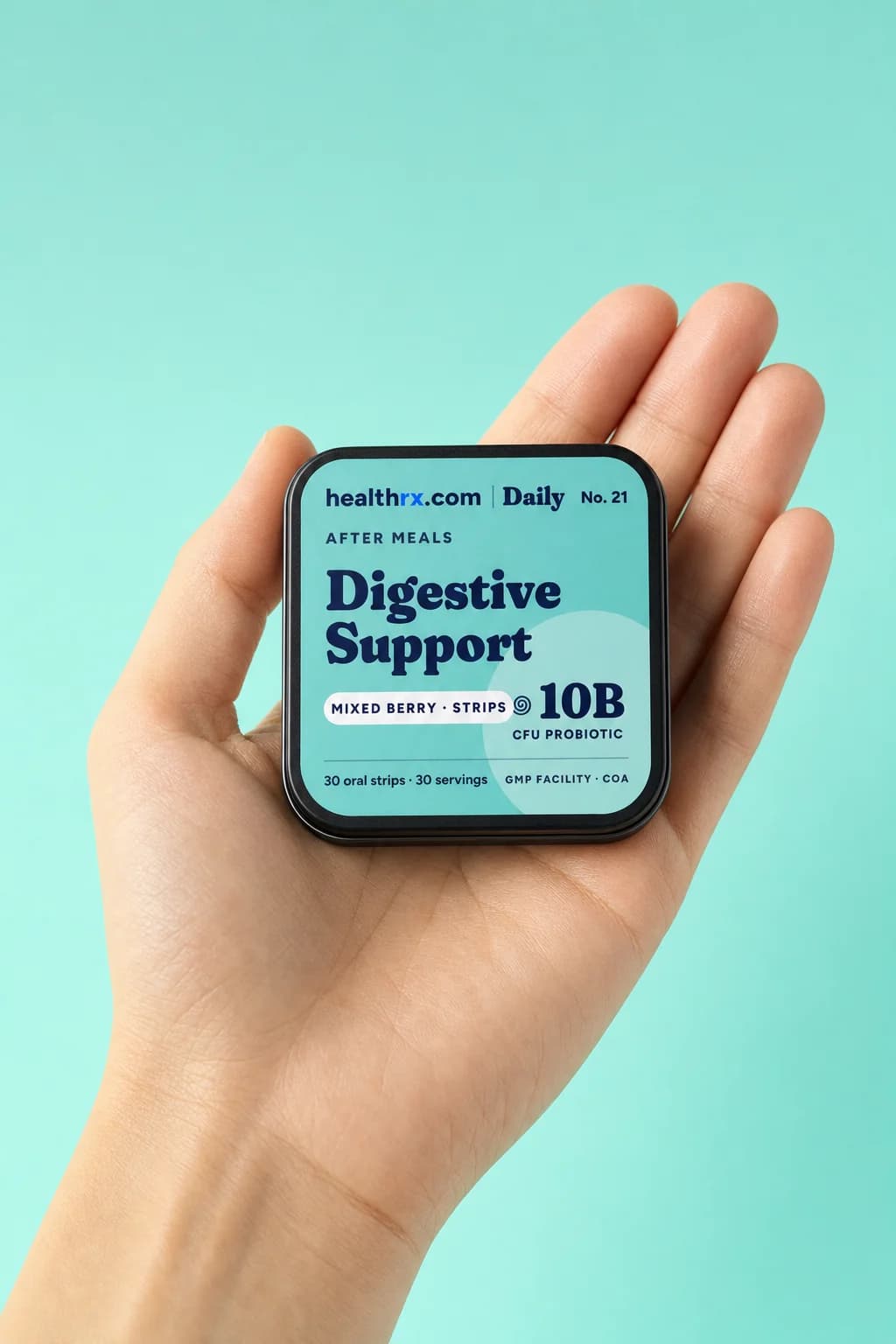 Digestive Support Strips in a hand, showing its size