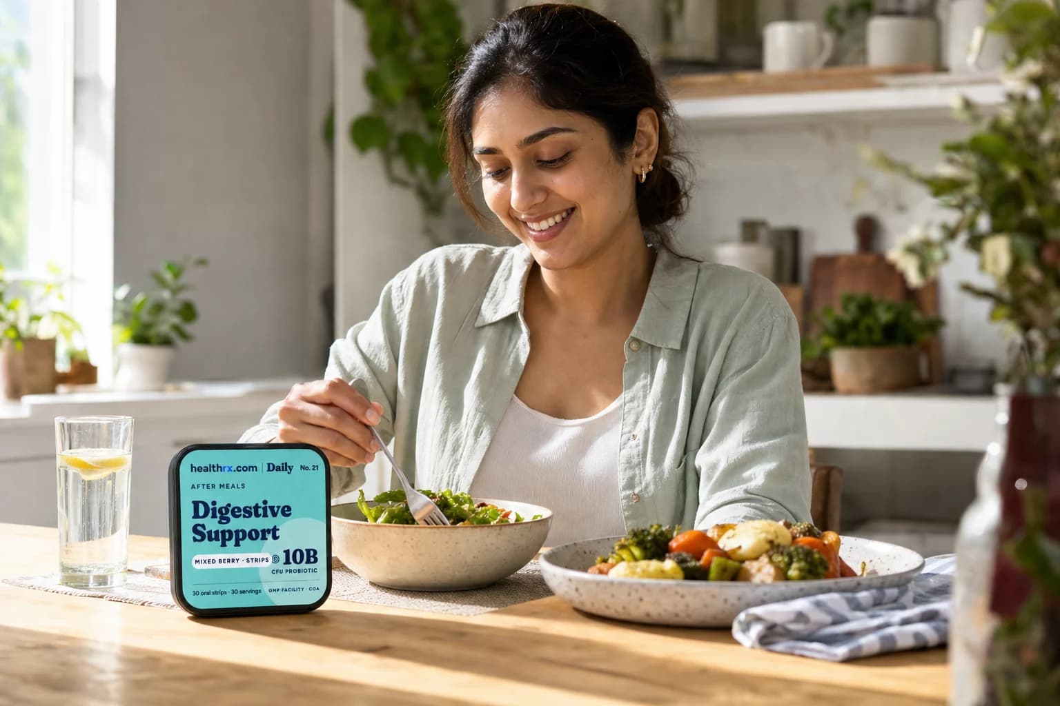 Digestive Support Strips in an everyday after meals setting