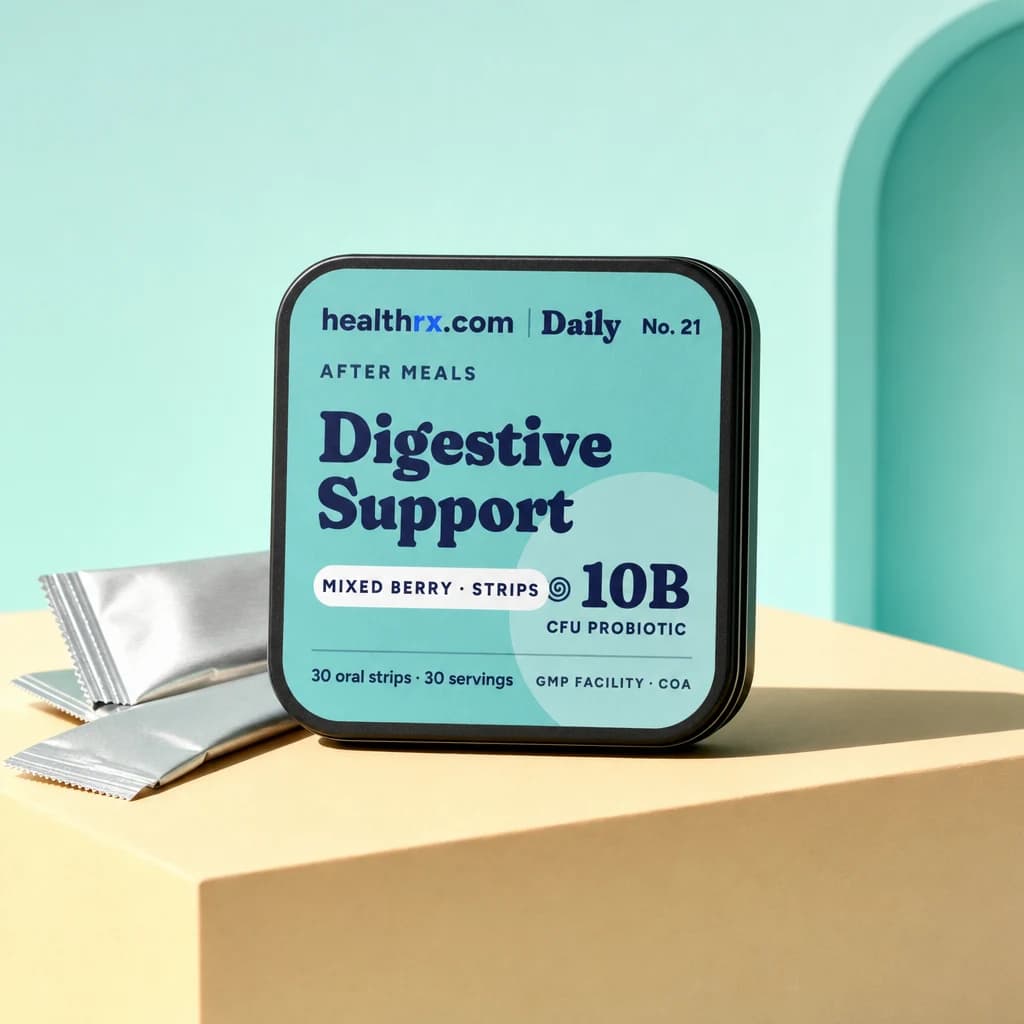 Digestive Support Strips by HealthRX.com in its oral strips packaging concept, on a colored pedestal