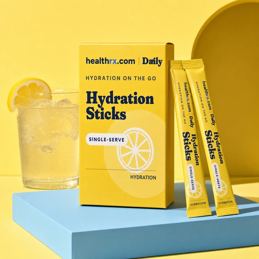 Hydration Sticks by HealthRX.com in its single-serve powder packaging concept, on a colored pedestal