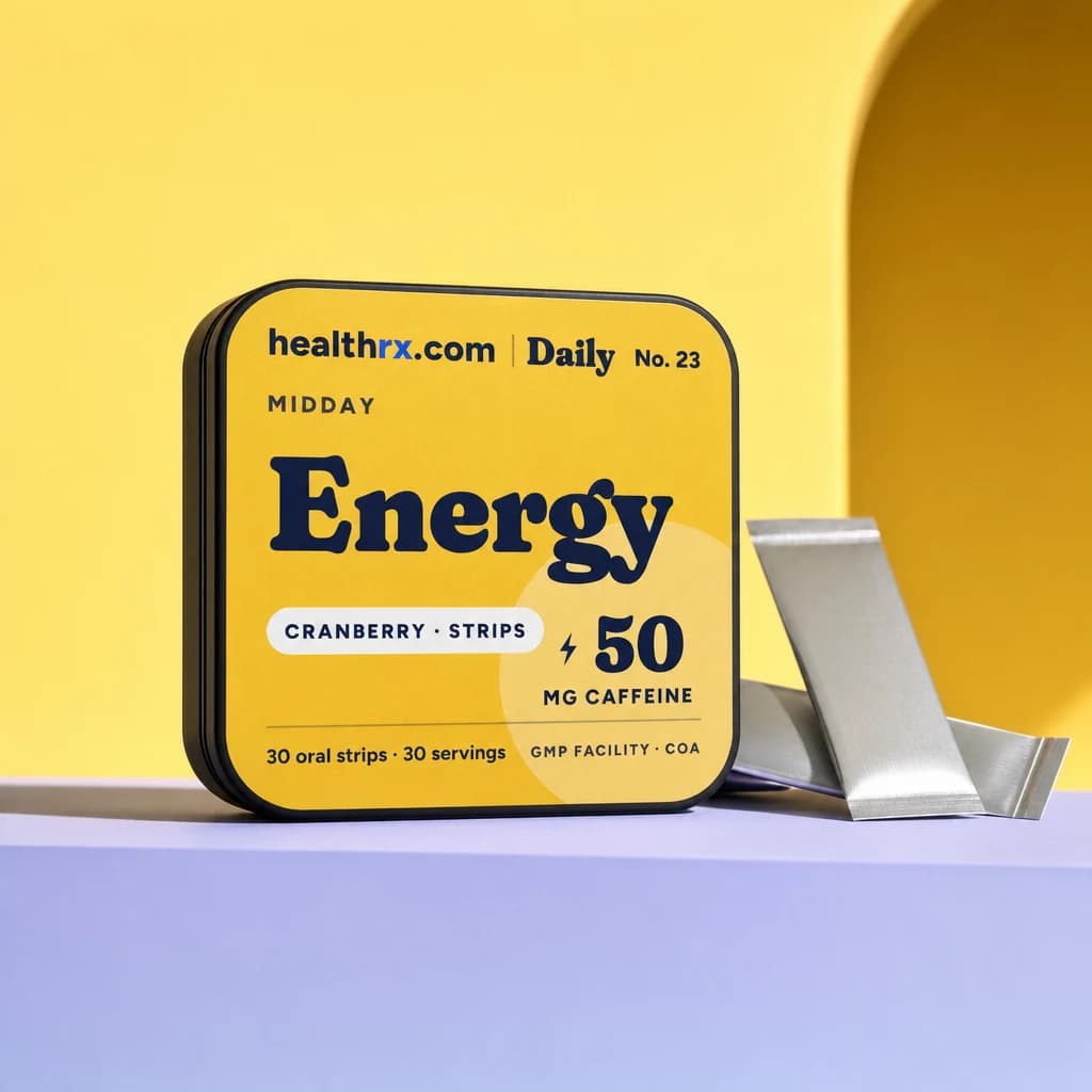 Energy Strips by HealthRX.com in its oral strips packaging concept, on a colored pedestal