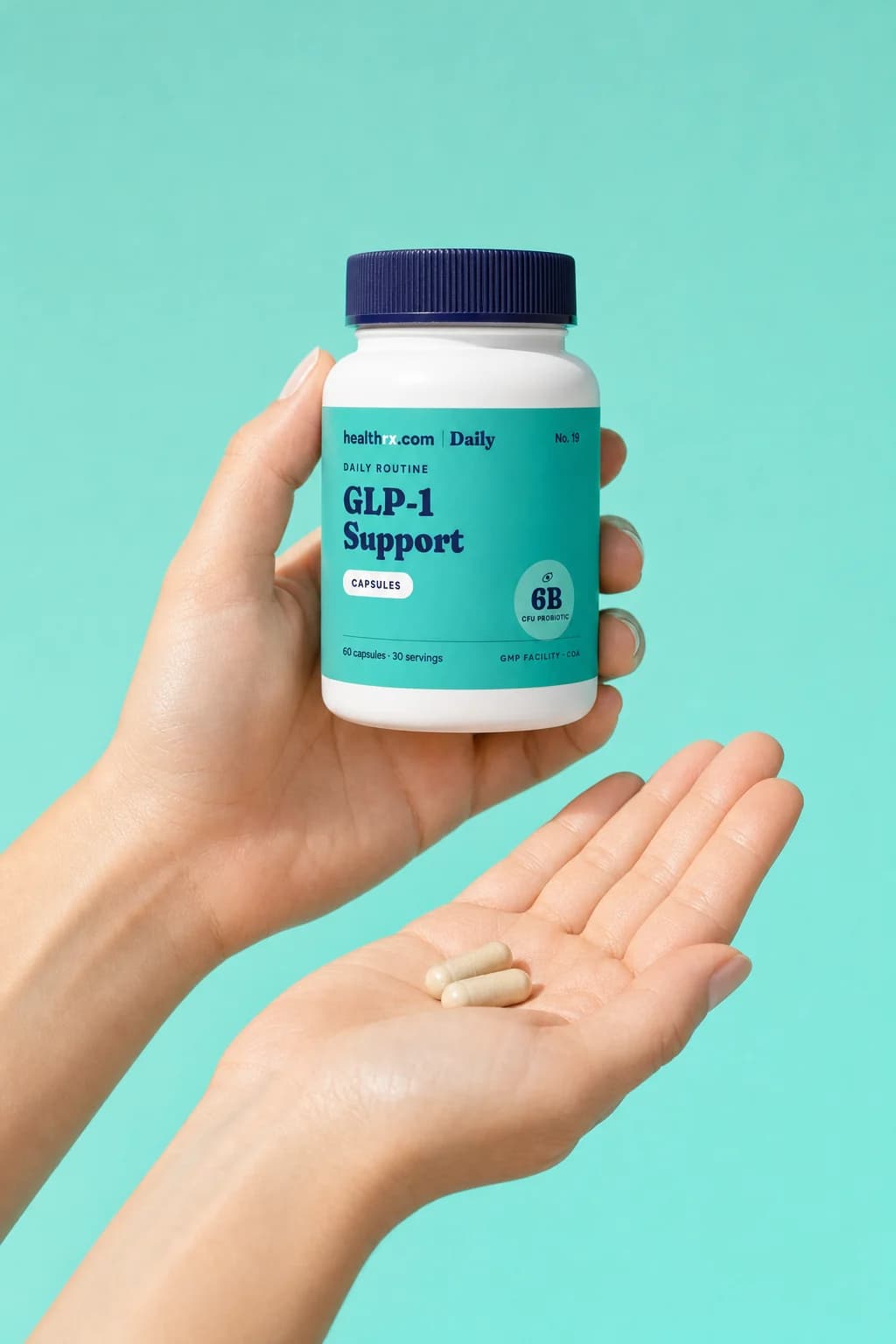 Daily GLP-1 Support in a hand, showing its size