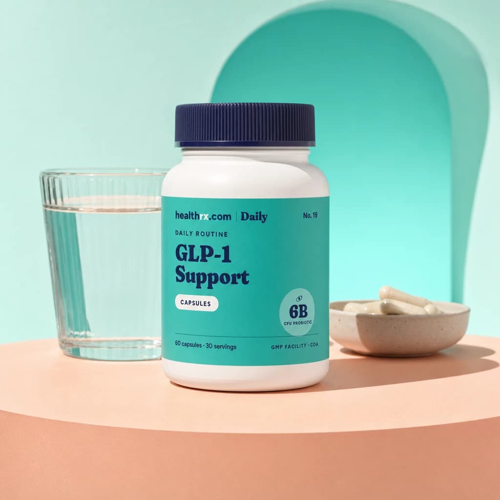 Daily GLP-1 Support by HealthRX.com in its capsules packaging concept, on a colored pedestal
