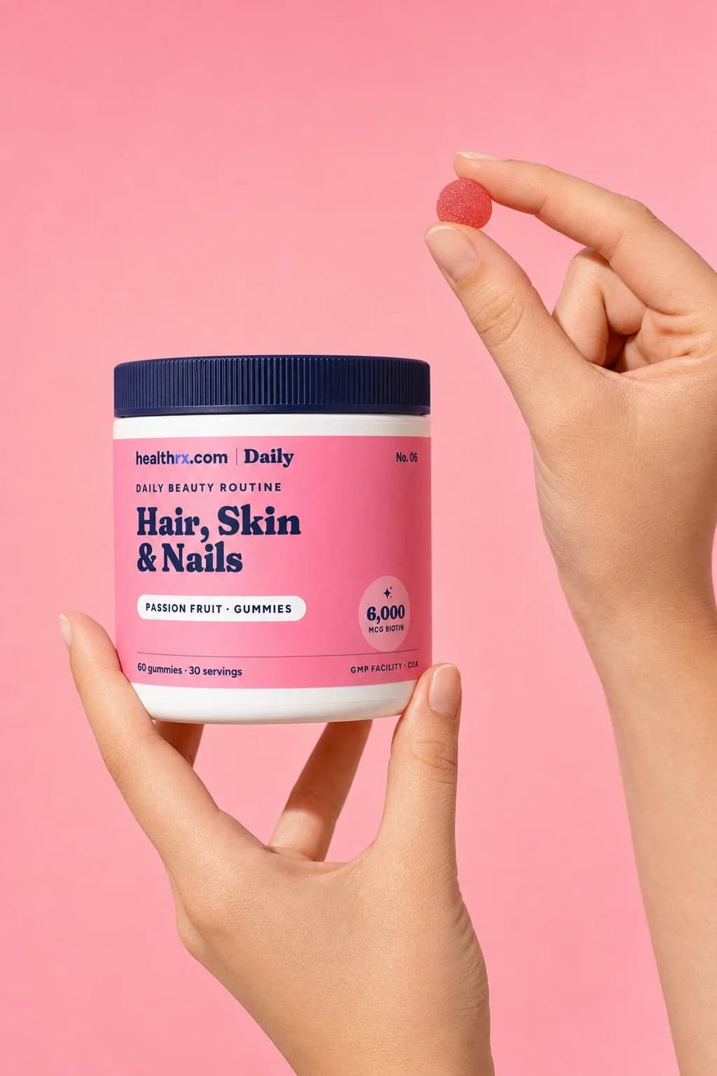 Hair, Skin & Nails Gummies in a hand, showing its size