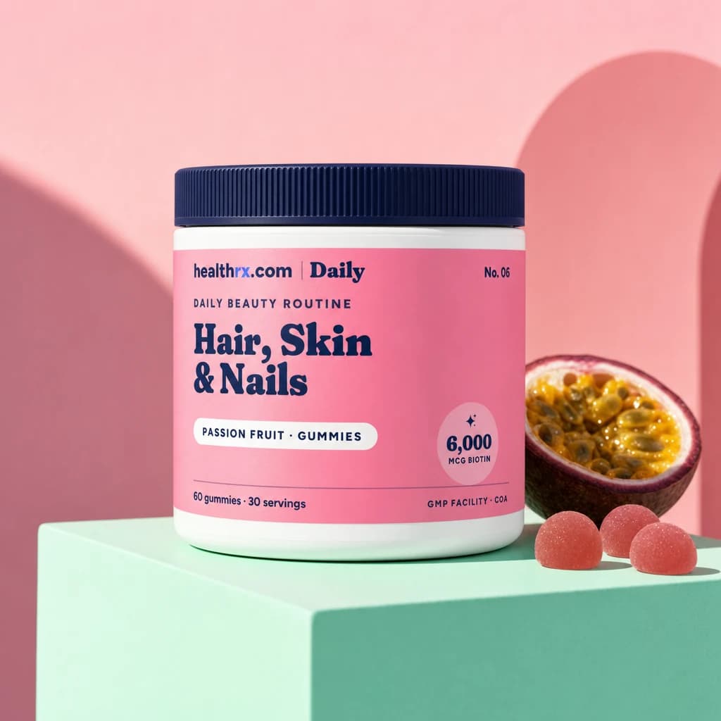 Hair, Skin & Nails Gummies by HealthRX.com in its gummies packaging concept, on a colored pedestal