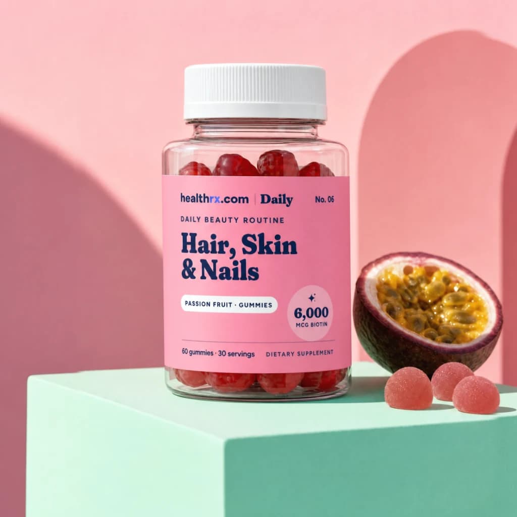 Hair, Skin & Nails Gummies by HealthRX.com in its gummies packaging, on a colored pedestal