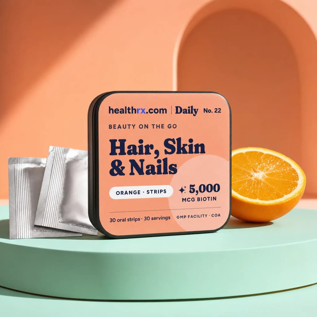 Hair, Skin & Nails Strips by HealthRX.com in its oral strips packaging concept, on a colored pedestal
