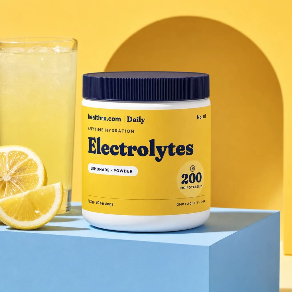 Lemonade Electrolytes by HealthRX.com in its lemonade powder packaging concept, on a colored pedestal