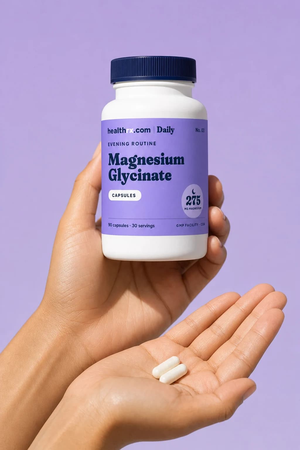 Magnesium Glycinate in a hand, showing its size