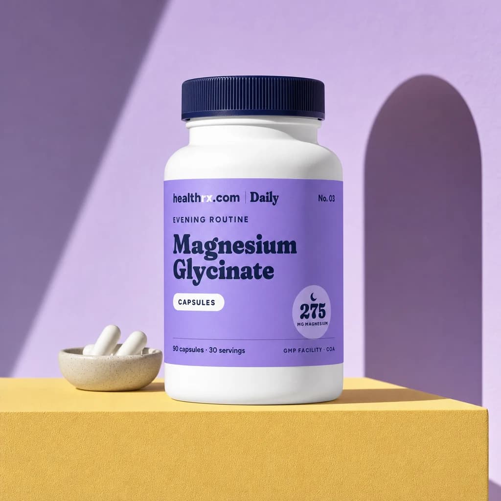 Magnesium Glycinate by HealthRX.com in its capsules packaging concept, on a colored pedestal