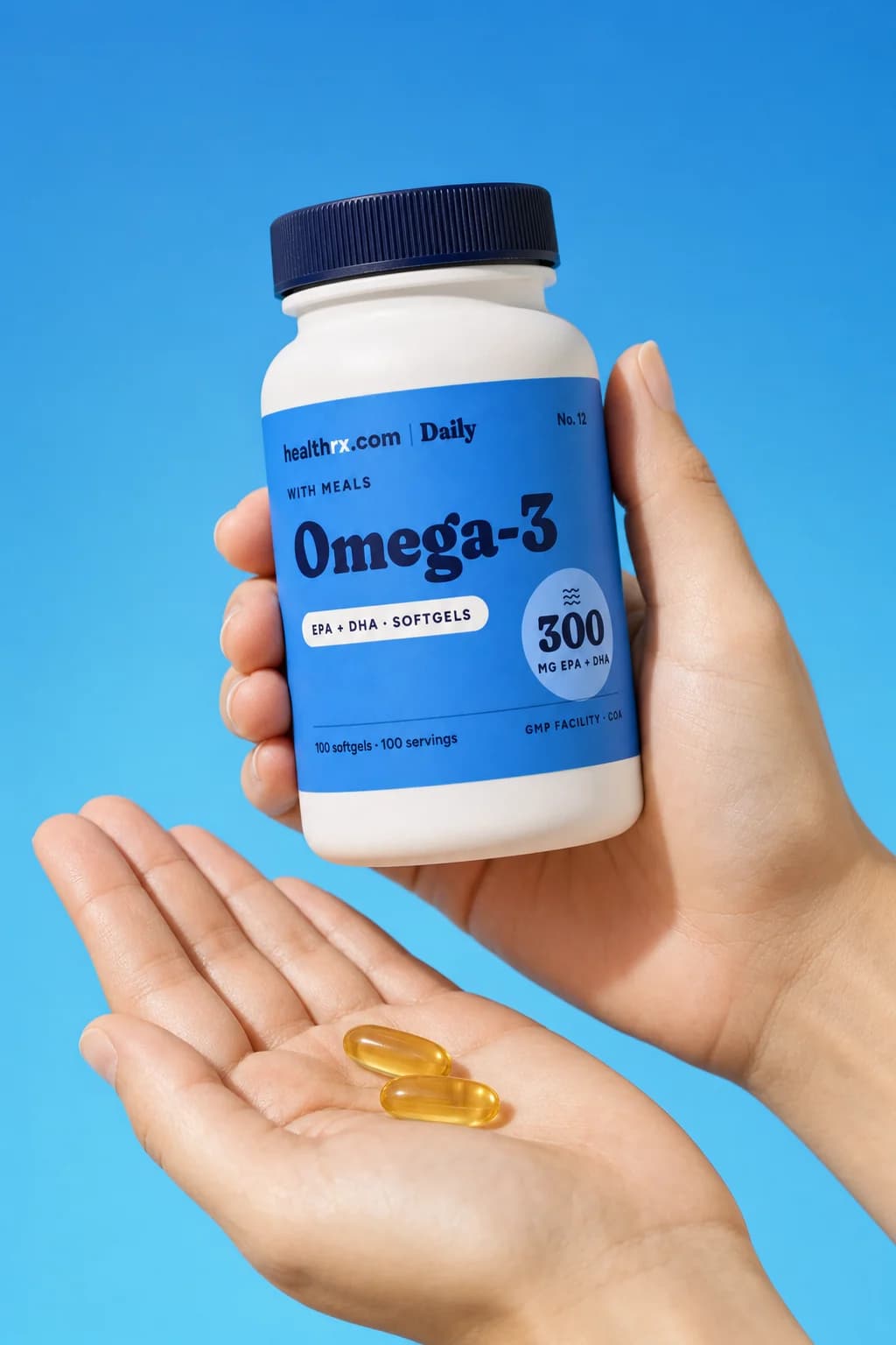Omega-3 EPA + DHA in a hand, showing its size