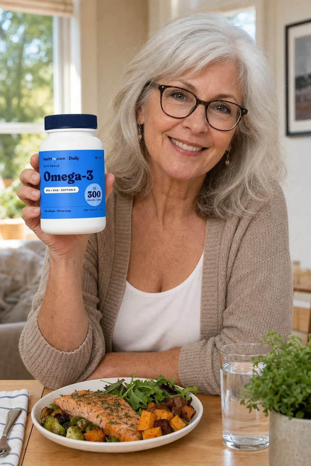 An adult holding Omega-3 EPA + DHA