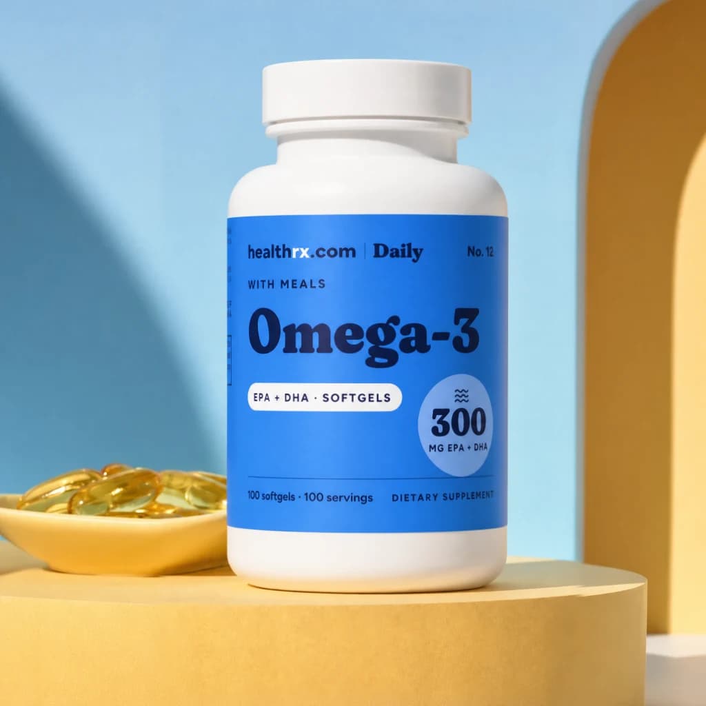 Omega-3 EPA + DHA by HealthRX.com in its softgels packaging concept, on a colored pedestal