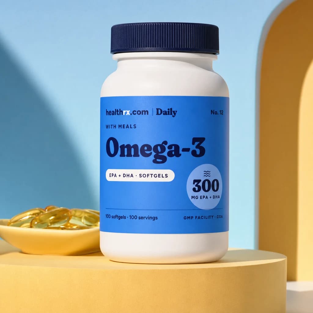 Omega-3 EPA + DHA by HealthRX.com in its softgels packaging concept, on a colored pedestal