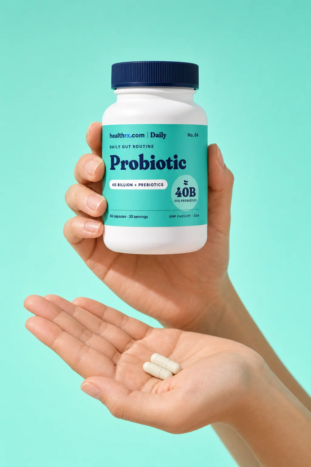 Probiotic 40B + Prebiotics in a hand, showing its size