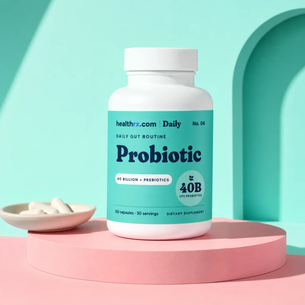 Probiotic 40B + Prebiotics by HealthRX.com in its 40 billion + prebiotics packaging concept, on a colored pedestal