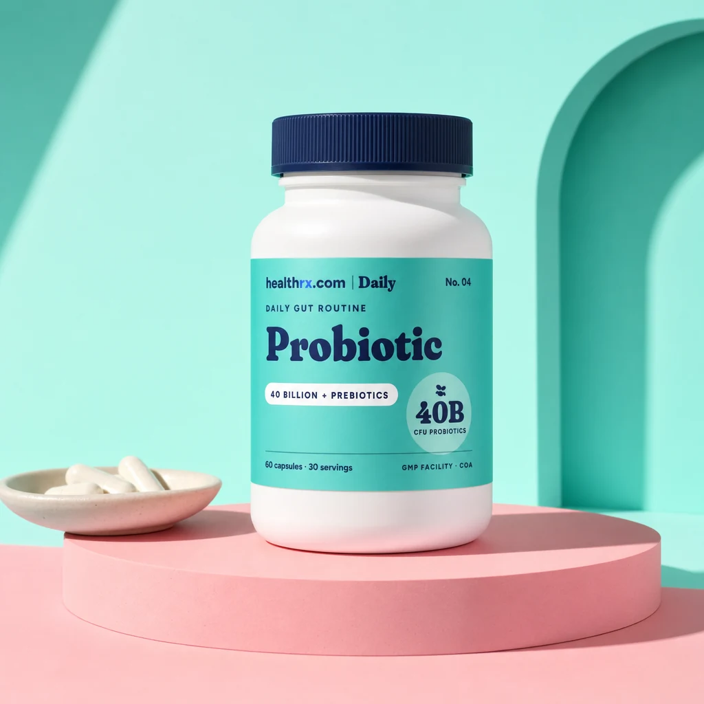 Probiotic 40B + Prebiotics by HealthRX.com in its 40 billion + prebiotics packaging concept, on a colored pedestal