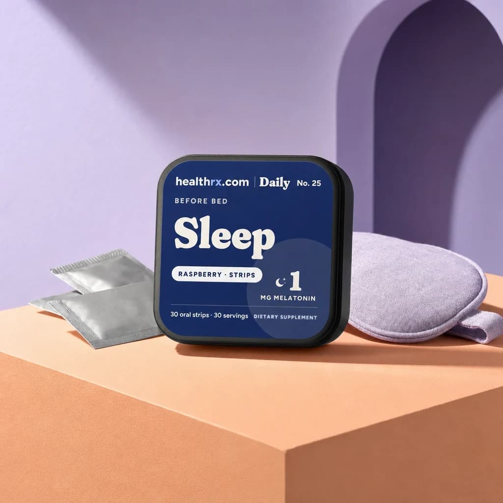 Sleep Strips by HealthRX.com in its oral strips packaging, on a colored pedestal
