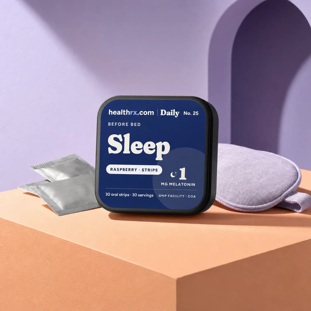 Sleep Strips by HealthRX.com in its oral strips packaging concept, on a colored pedestal