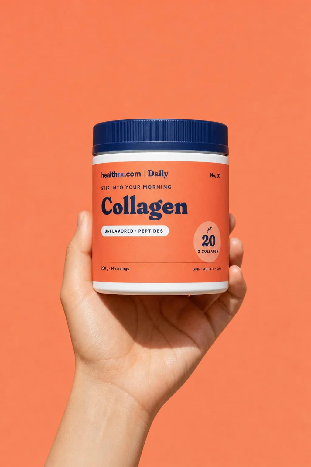 Collagen Peptides in a hand, showing its size