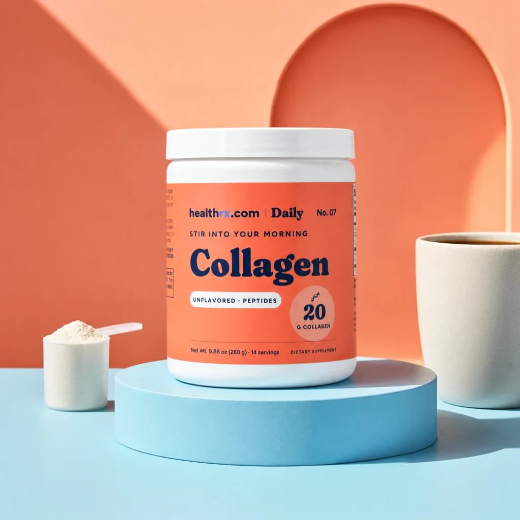 Collagen Peptides by HealthRX.com in its unflavored powder packaging, on a colored pedestal