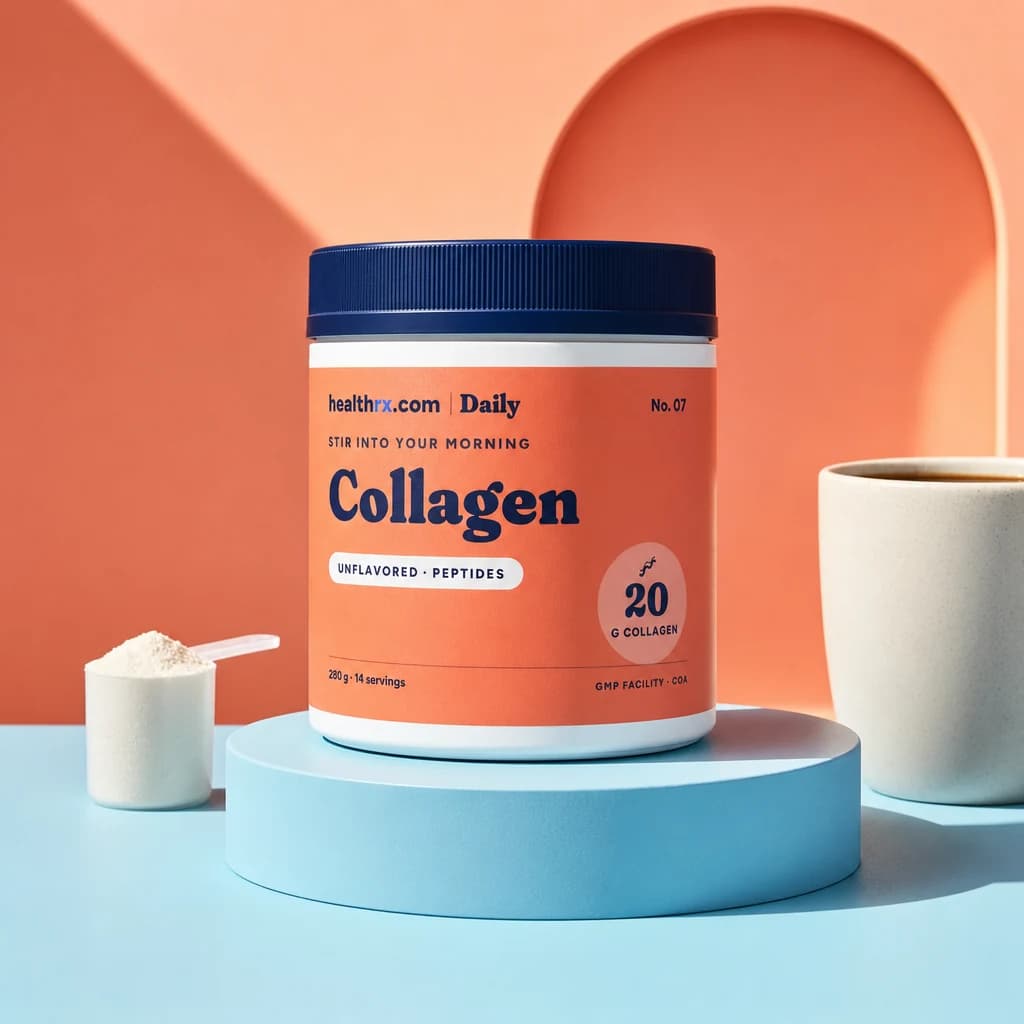 Collagen Peptides by HealthRX.com in its unflavored powder packaging concept, on a colored pedestal