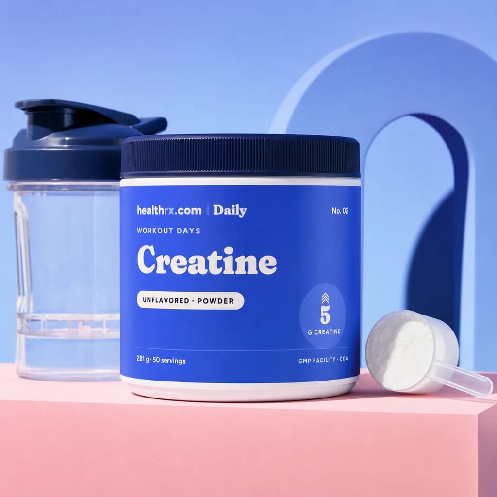 Daily Creatine by HealthRX.com in its unflavored powder packaging concept, on a colored pedestal