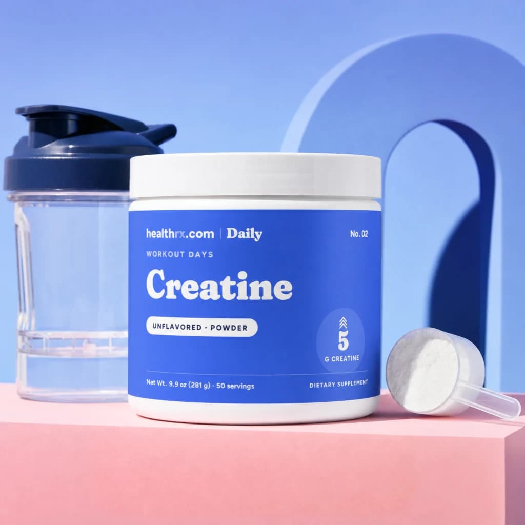 Daily Creatine by HealthRX.com in its unflavored powder packaging concept, on a colored pedestal