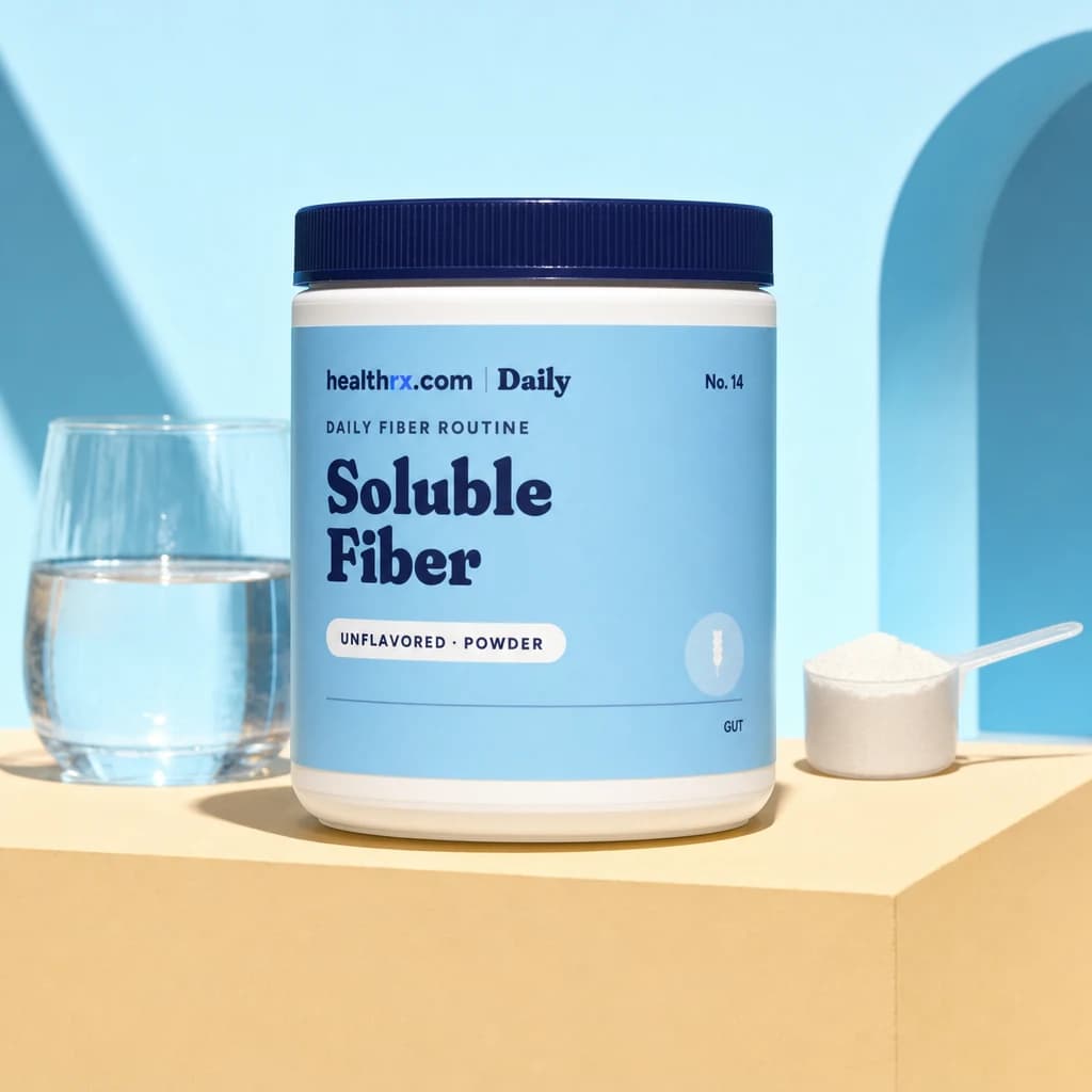 Daily Soluble Fiber by HealthRX.com in its unflavored powder packaging concept, on a colored pedestal