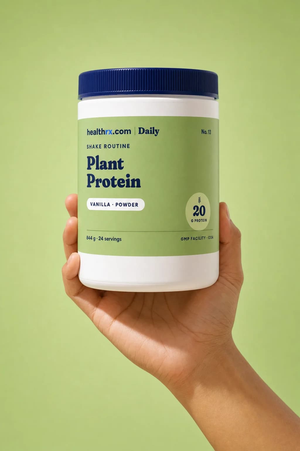 Vanilla Plant Protein in a hand, showing its size