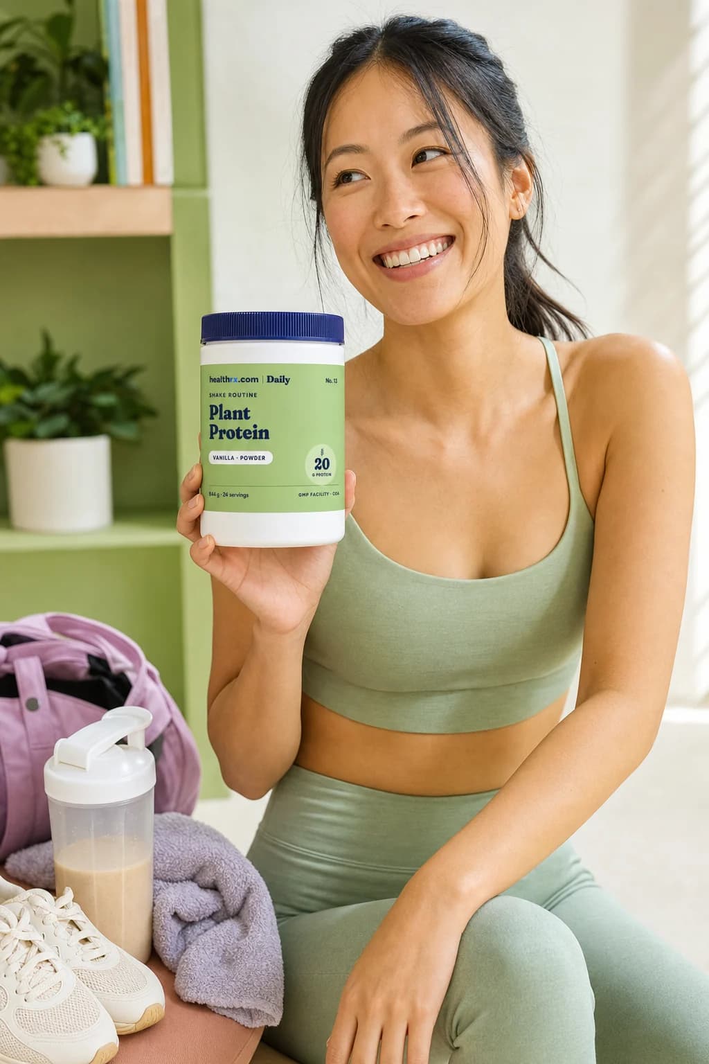 An adult holding Vanilla Plant Protein