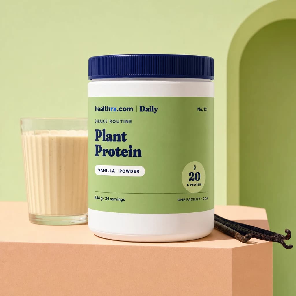 Vanilla Plant Protein by HealthRX.com in its vanilla powder packaging concept, on a colored pedestal