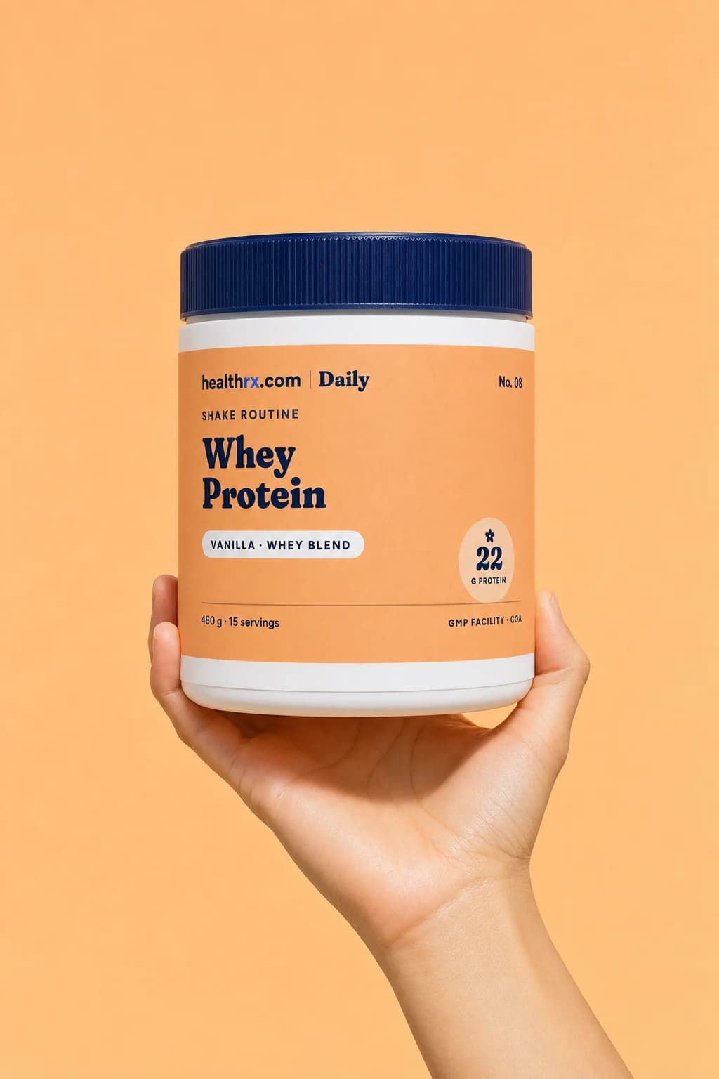 Vanilla Whey Protein in a hand, showing its size