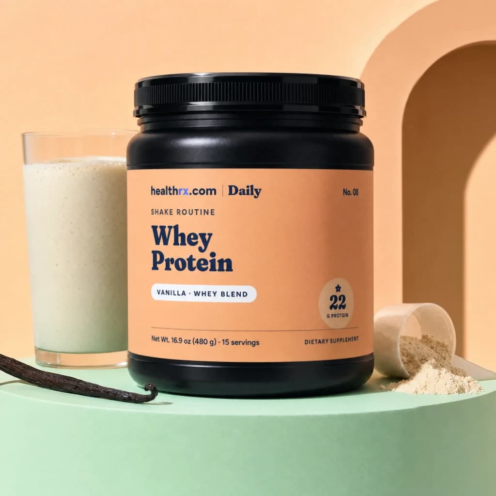 Vanilla Whey Protein by HealthRX.com in its vanilla blend packaging, on a colored pedestal