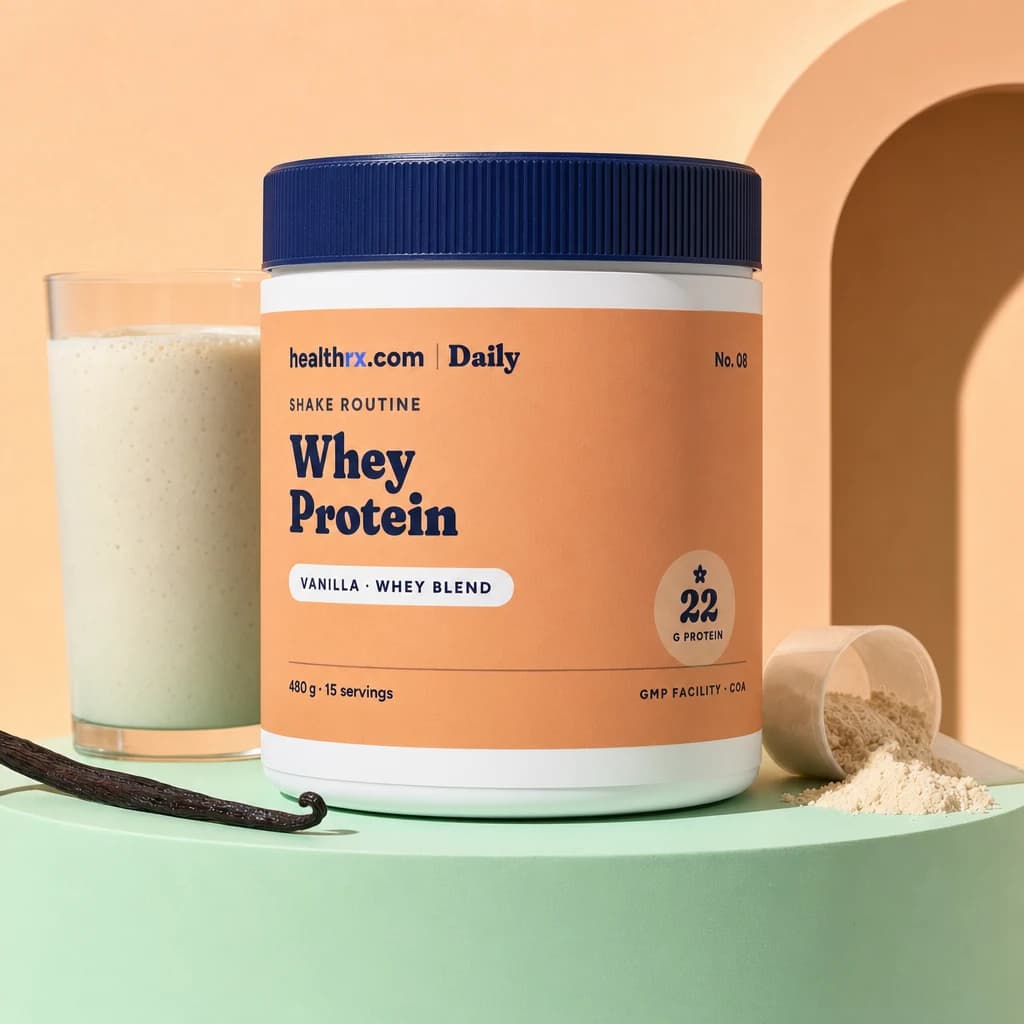 Vanilla Whey Protein by HealthRX.com in its vanilla blend packaging concept, on a colored pedestal