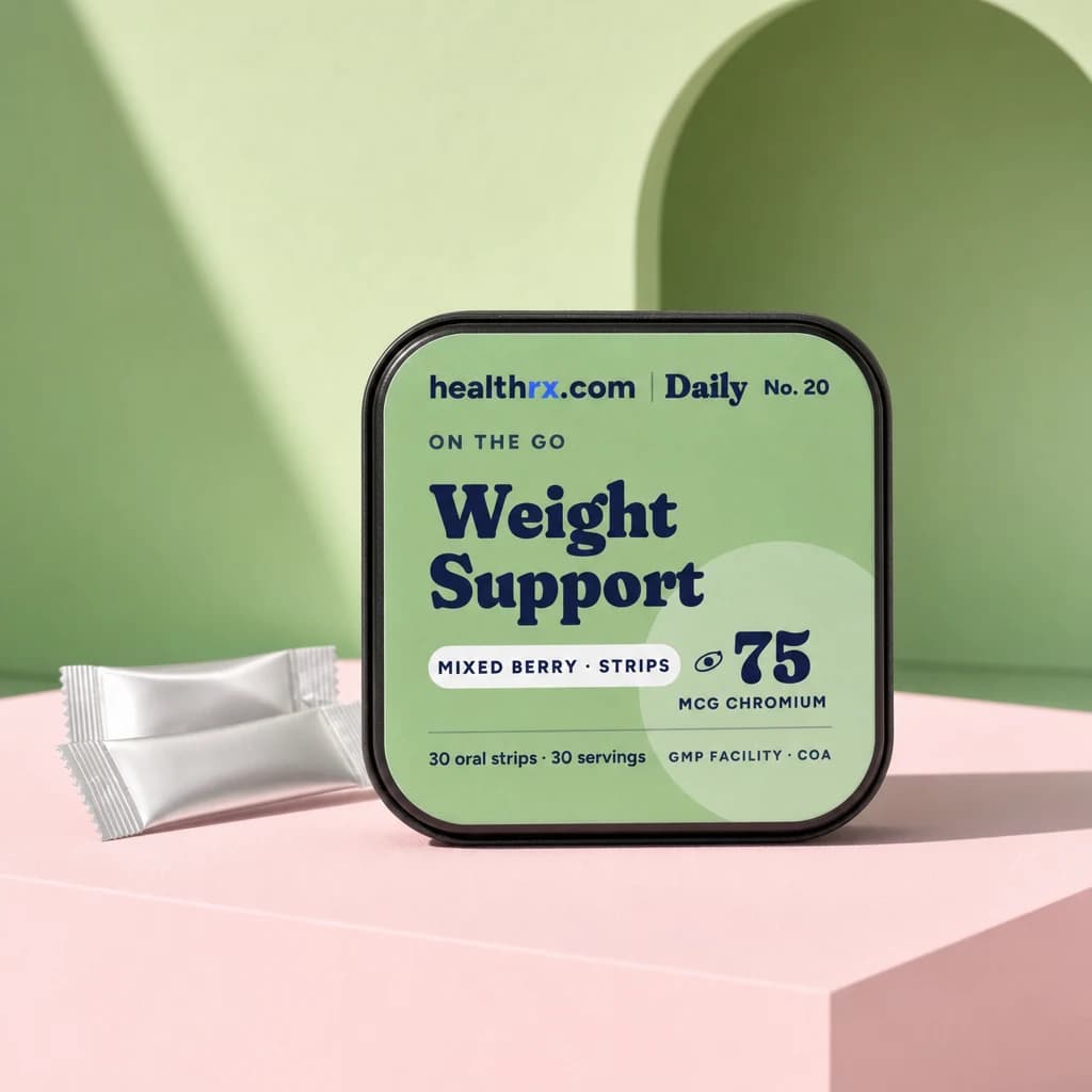 Weight Support Strips by HealthRX.com in its oral strips packaging concept, on a colored pedestal